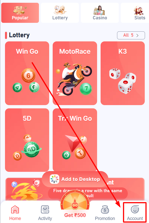 Account tab in the bottom menu
